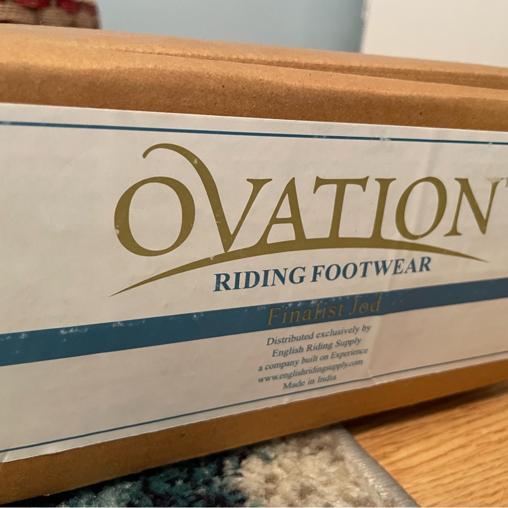 Ovation dark navy patent riding boots, size 6.5